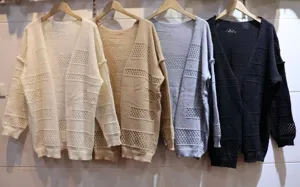 Women's long sleeve hollow knit cardigan sweater, casual outerwear featuring open front design.