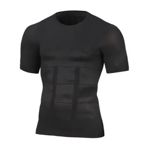 Men short sleeve compression undershirt body shaper black tummy control slimming workout top
