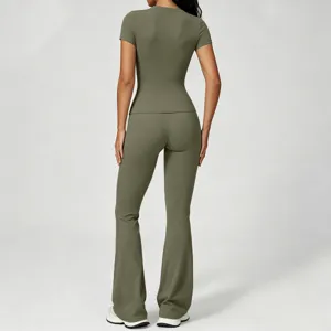 Olive green buttery soft yoga outfit set, slim fit short sleeve top and high waist flare pants.