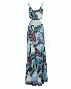 Detailed view of the casual tropical leaf print V-neck sleeveless maxi dress for women's summer.