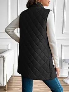 Detailed back view of the stylish black quilted stand collar sleeveless puffer vest.