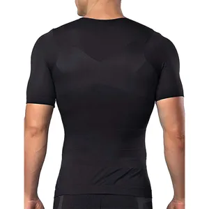 Men black compression slimming shirt back support breathable shapewear athletic top detail