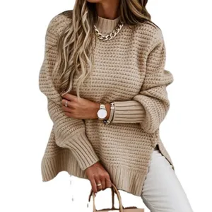 Elegante maglione ampio collo alto monocolore maniche lunghe con spacchi laterali donna.