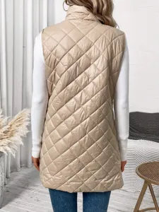 Back detail view of women quilted stand collar sleeveless vest in khaki daily wear