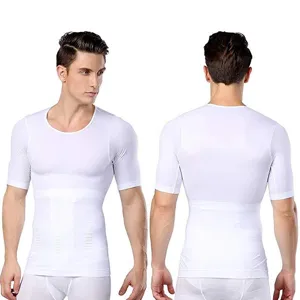 Men white short sleeve compression shirt tummy control body shaper fitness slimming top.