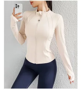 Women slim fit athletic zip up jacket long sleeve running fitness yoga workout top beige
