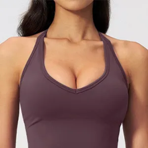 Close-up detail of the stylish halter yoga sports bra, showing fitted cut and soft fabric.