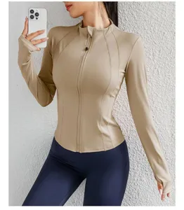Women slim fit athletic zip-up jacket with long sleeves and thumb holes for fitness yoga.