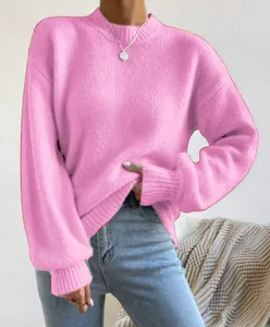 Roze mockneck gebreide trui detail, zachte trui met lange mouwen voor dames herfst.