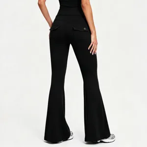 Back view detail of black high waisted cargo flare yoga pants with back button pockets.