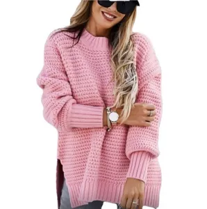 Maglione lavorato a maglia rosa collo alto largo maniche lunghe spacchi laterali top