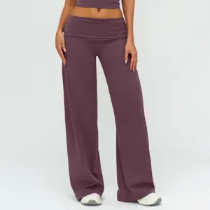 Women purple fold over waist wide leg yoga pants activewear fitness casual tracksuit set.