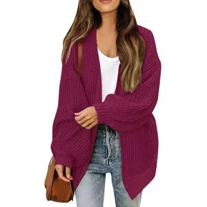 Damen Lässige Langarm Laternenärmel Grobe Strickjacke Cardigan Herbst Oberbekleidung