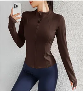 Women's slim-fit long-sleeve sports jacket, full-zip yoga top with thumb holes for running.