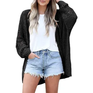 Women black hollow out knit cardigan long sleeve casual outerwear sweater summer top fashion