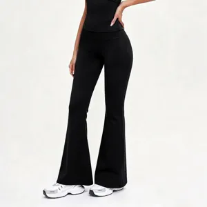 High waist black micro flare yoga pants detail, soft stretch fitness trousers fit view.
