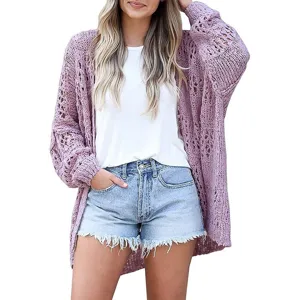 Women casual long sleeve hollow out knit cardigan outerwear sweater chic detail view.