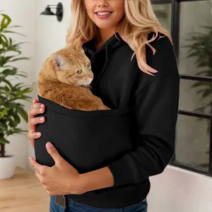 Detailed view of women's black hoodie with large kangaroo pouch for carrying cute cats safely.