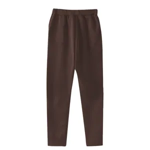 Back detail view of casual fleece-lined solid brown sweatpants featuring a convenient back pocket.