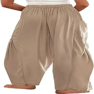 Vue arrière de pantalon harem décontracté en lin pour femme, taille mi-haute détail.