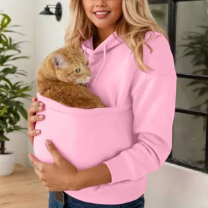 Pink solid color hooded sweatshirt with a large front pet pocket for cats and small dogs.