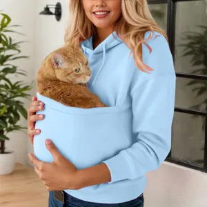 Casual solid color hooded sweatshirt with front pet pouch, loose pullover for autumn.