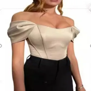 Women satin off shoulder corset top solid color elegant fishbone waist cincher blouse main