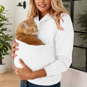 White hooded sweatshirt with pet pouch, loose pullover for autumn and winter outdoor.
