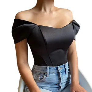 Women black off shoulder satin corset top elegant strapless party clubwear fashion blouse