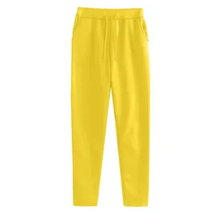Yellow fleece sweatpants detail showing adjustable drawstring waistband and side pockets.