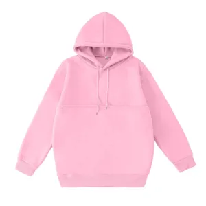 Solid color pink hooded sweatshirt with front pocket casual loose long sleeve pullover top