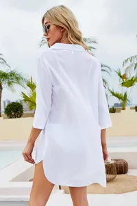 Women solid white beach cover up shirt, casual half sleeve swimwear coverup detail.