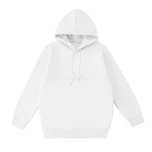 Solid white hoodie featuring a spacious front pet pocket, comfortable loose fit, and soft fabric.