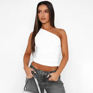 Donna colore unito top corto arricciato monospalla elegante casual maglietta estiva