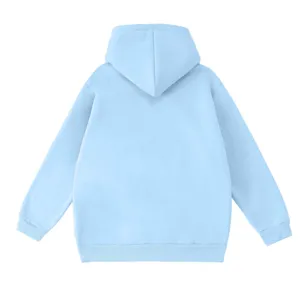 Back view of a casual light blue solid color hooded sweatshirt, loose fit, daily wear.