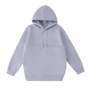 Detail view of solid color loose pullover hoodie with front pet pouch and drawstring.