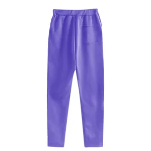 Close up detail of purple fleece lined casual sweatpants featuring a back pocket and elastic waist.