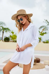 Women solid color beach cover up V-neck swim coverup summer resort casual shirt dress