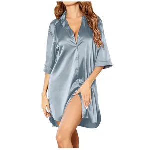 Women solid color silky satin nightshirt short sleeve button down sleepwear sleep dress