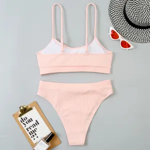 Ensemble bikini côtelé rose à col U, maillot de bain deux pièces sexy pour les vacances d'été.