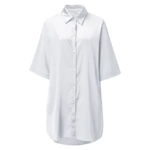 Solid color silky short sleeve button down shirt detail view, elegant loungewear style.