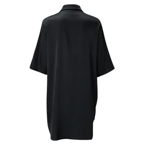 Detail view of a solid black silk satin short sleeve shirt dress, smooth and sexy loungewear.