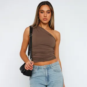 Donna top corto arricciato monospalla tinta unita elegante casual smanicato abbigliamento