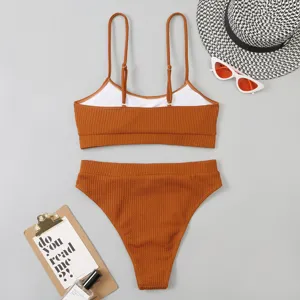 Ensemble bikini côtelé marron pour femme maillot de bain deux pièces taille haute plage