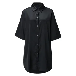 Detail shot of black silk satin short sleeve shirt collar and front button close.