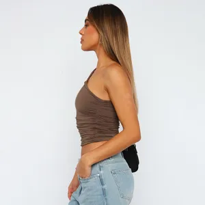 Top corto arricciato monospalla da donna tinta unita vestibilità slim senza maniche party