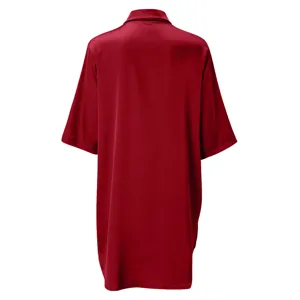 Back detail of red satin silky short sleeve nightshirt, soft loungewear shirt for women.