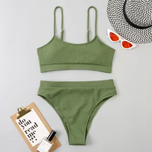 Maillot de bain deux pièces bikini côtelé vert sexy taille haute pour plage été