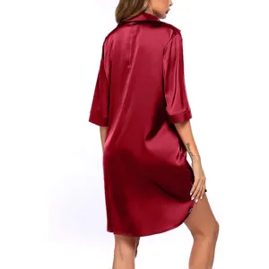 Red satin nightshirt for women, solid color sleep dress with short sleeves and lapel.