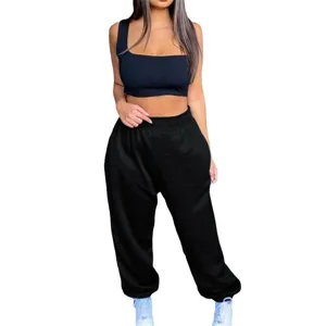 Damen Freizeit Trainingsanzug Set schwarzes Crop Top und bequeme Jogginghose Sportbekleidung